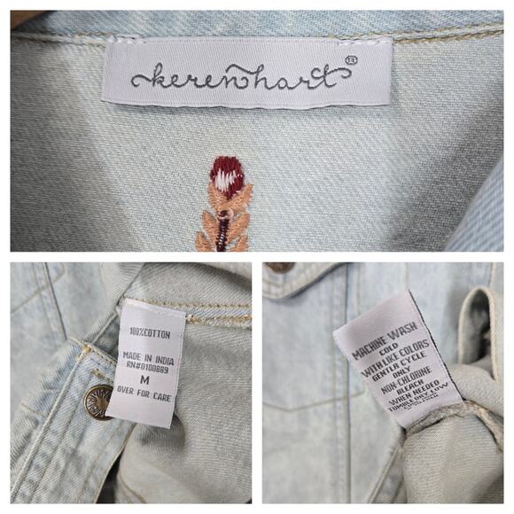 VTG Keren Hart Denim Jacket sz M Light Blue 100% Cotton Embroidered Floral Boho - Picture 15 of 15